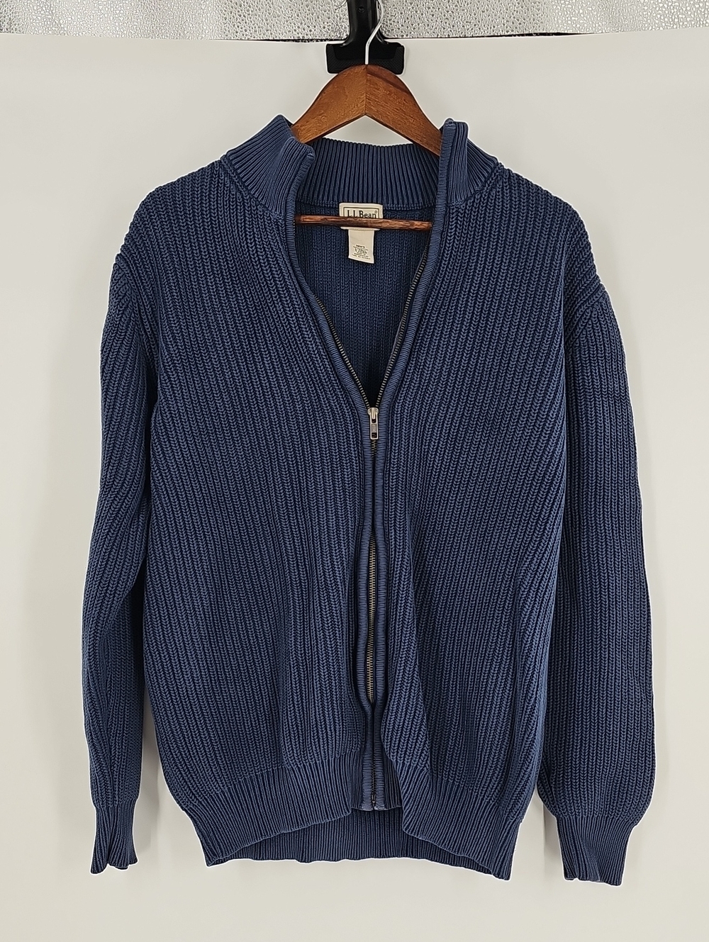 Vintage L.L. Bean Men's Navy Zip-Up Ribbed Knit Sweater